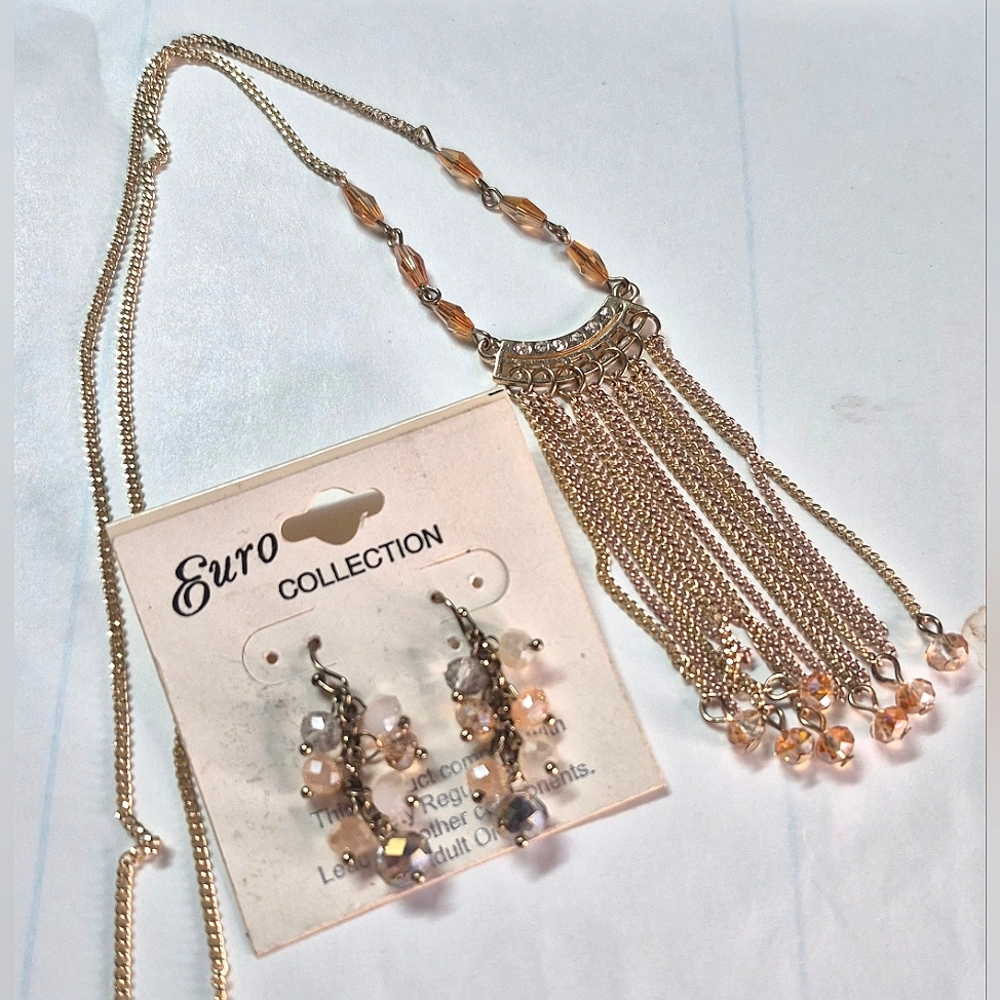 Gold Tone Jewelry Set-Long Fringe Beaded 24" Necklace & Matching Earrings